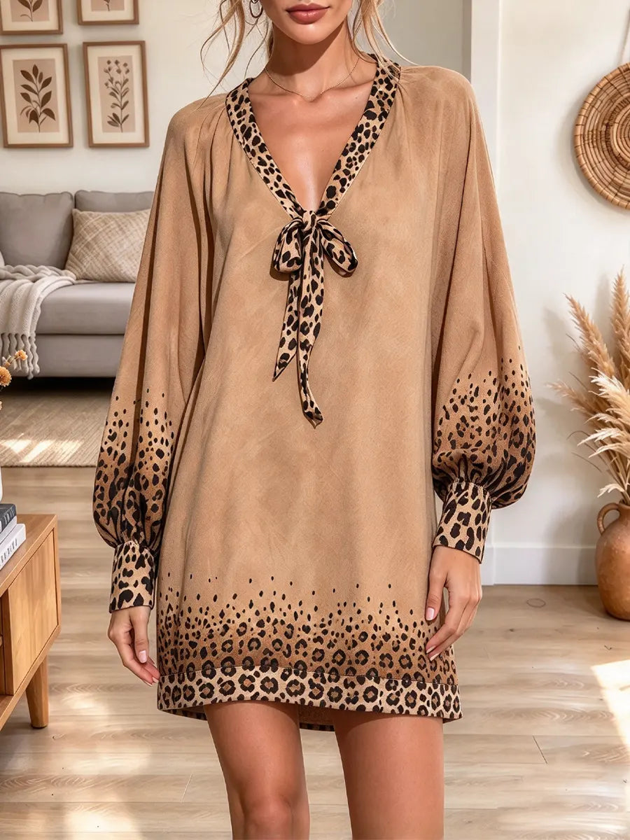 Vintage Chic Leopard V Neck Art Casual Stylish Long Sleeve Dress