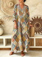 Women's Ethnic Geometric Diamond Print V-Neck Maxi Dress
