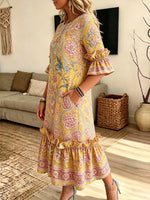 Women's Vintage Floral Print Ruffle Midi Dress