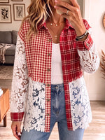 Vintage Elegant Plaid Cotton Patchwork Hollowed Out Lace Shirt