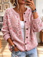 Vintage Floral Pattern Knitted Art Casual Stylish Long Sleeve Cardigan Sweater