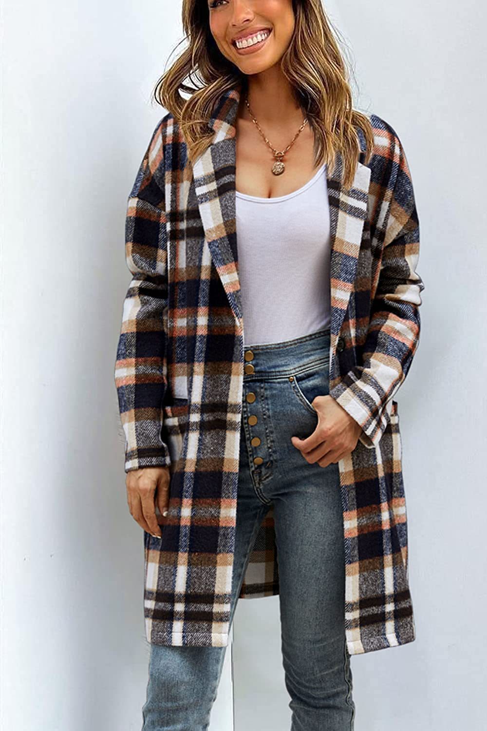 Women Plaid Notched Lapel Mid‑Length Wool Blend Coat, Casual Button Down Oversized Outerwear