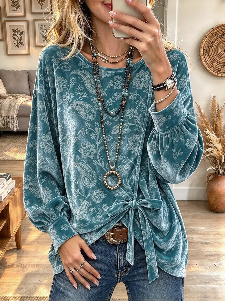 Women's Round Neck Front Tie Knot Lantern Long Sleeve Casual Blouse