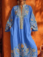 Retro Ethnic Floral Pattern Art Print Casual Stand Collar Cotton Linen Maxi Dress