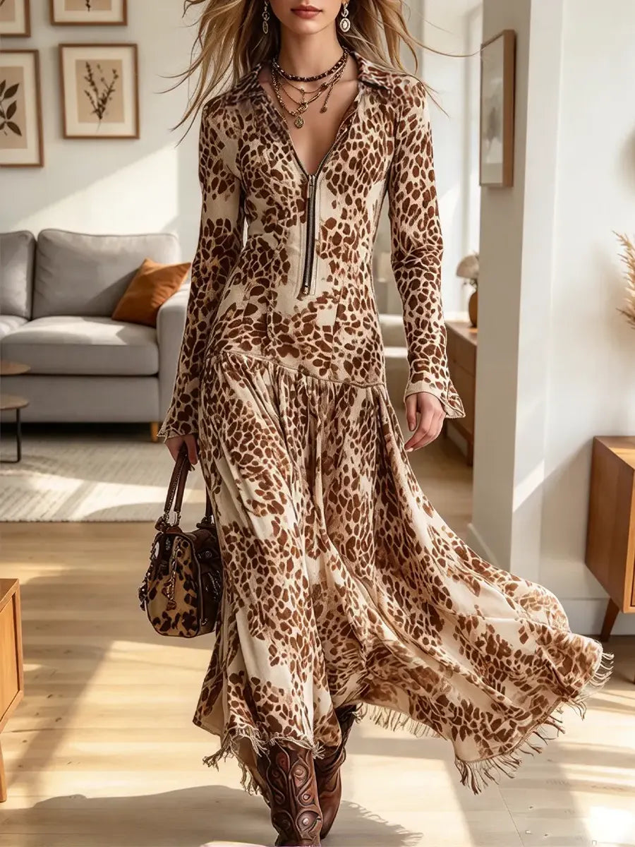 Vintage Chic Leopard Fringe Art Casual Stylish Long Sleeve Dress