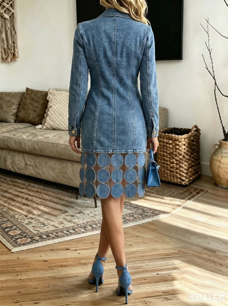 Denim Blazer Mini Dress Hollow Circle Cutout Hem Double Breasted Long Sleeve Suit Dress