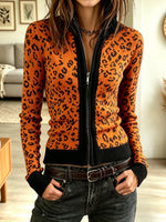 Retro Leopard Pattern Zip Art Casual Stylish Long Sleeve Top