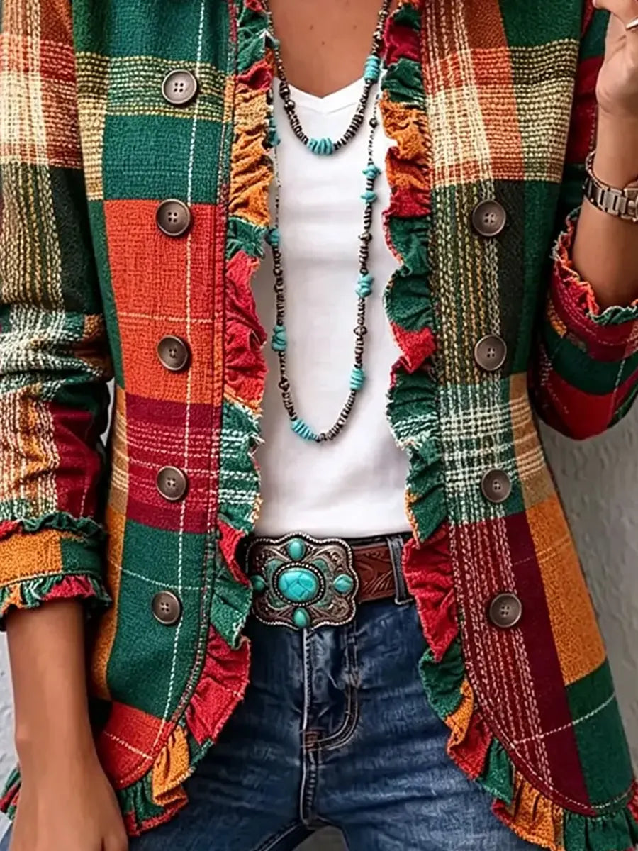Retro Plaid Pattern Art Print Ruffle Casual Stylish Cotton Lapel Coat