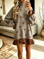 Retro Floral Ruffle Patchwork Art Casual Stylish Long Sleeve Knit Dress