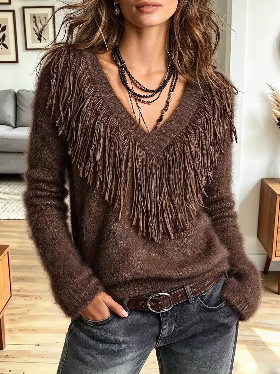 Vintage Chic Fringe V Collar Knitted Art Casual Stylish Long Sleeve Sweater