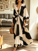 Retro Geometric Pattern Art Casual Stylish 3/4 Sleeve Cotton Linen Dress