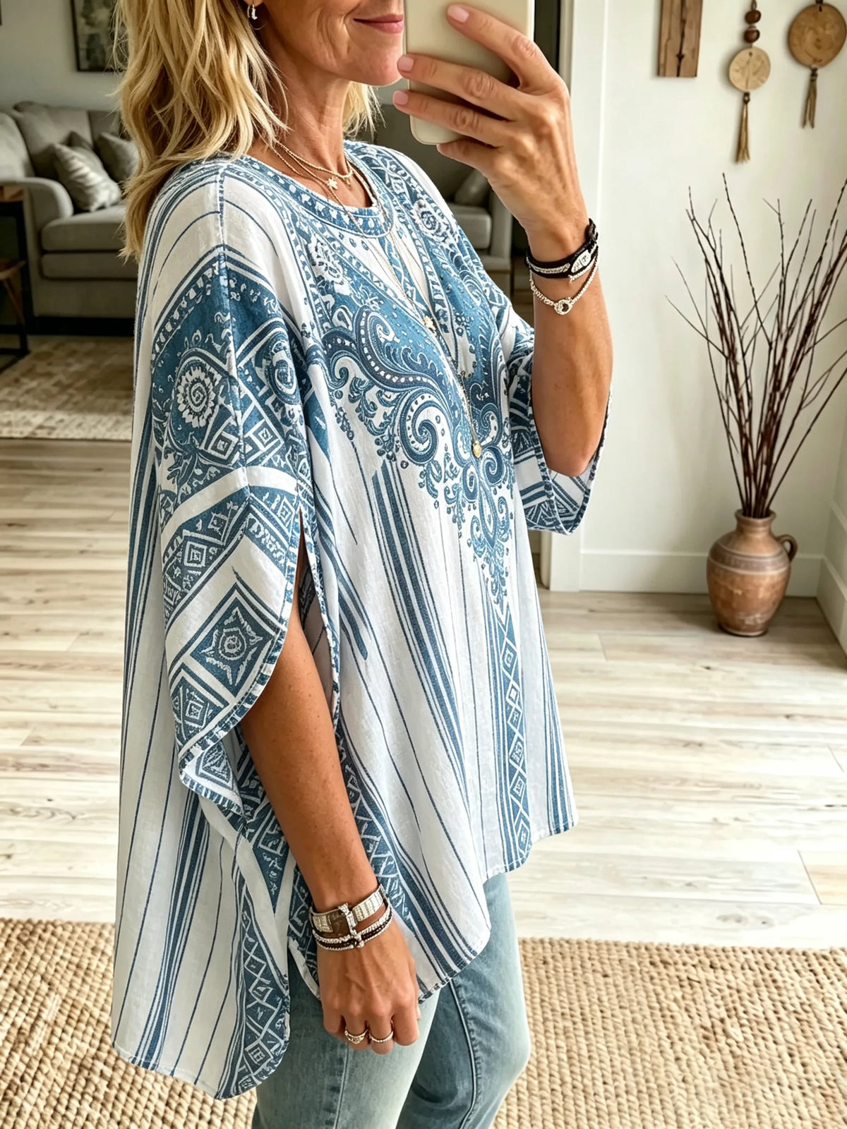 Women's Ethnic Geometric Stripe V-neck Wide Sleeve Top