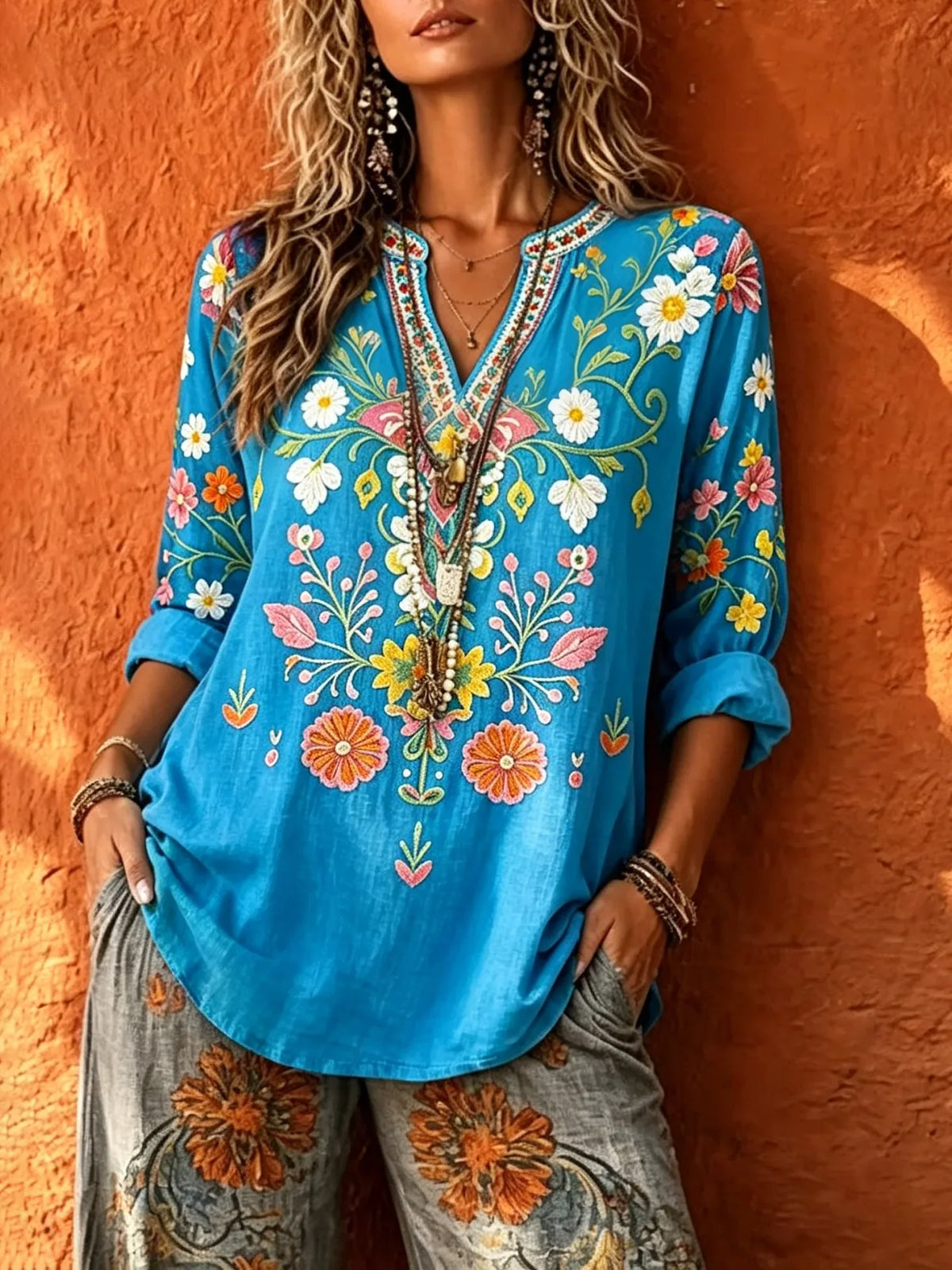 Women's Color Patchwork Daisy Peace Sign Print V-Neck 3/4 Sleeve Top