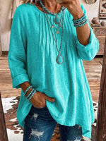 Solid Color Round Neck Art Casual Long Sleeve Cotton Linen Shirt