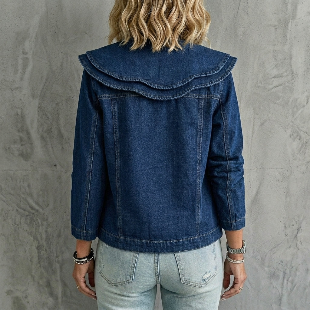 Ruffle Statement Collar Jean Jacket – Chic Button-Down Denim Coat