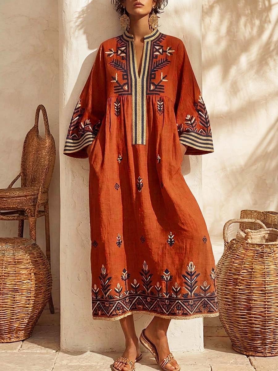 Retro Ethnic Pattern Art Print Casual Stand Collar Cotton Linen Maxi Dress