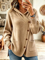 Vintage Elegant Knitted Fabric Button Hooded Sweater