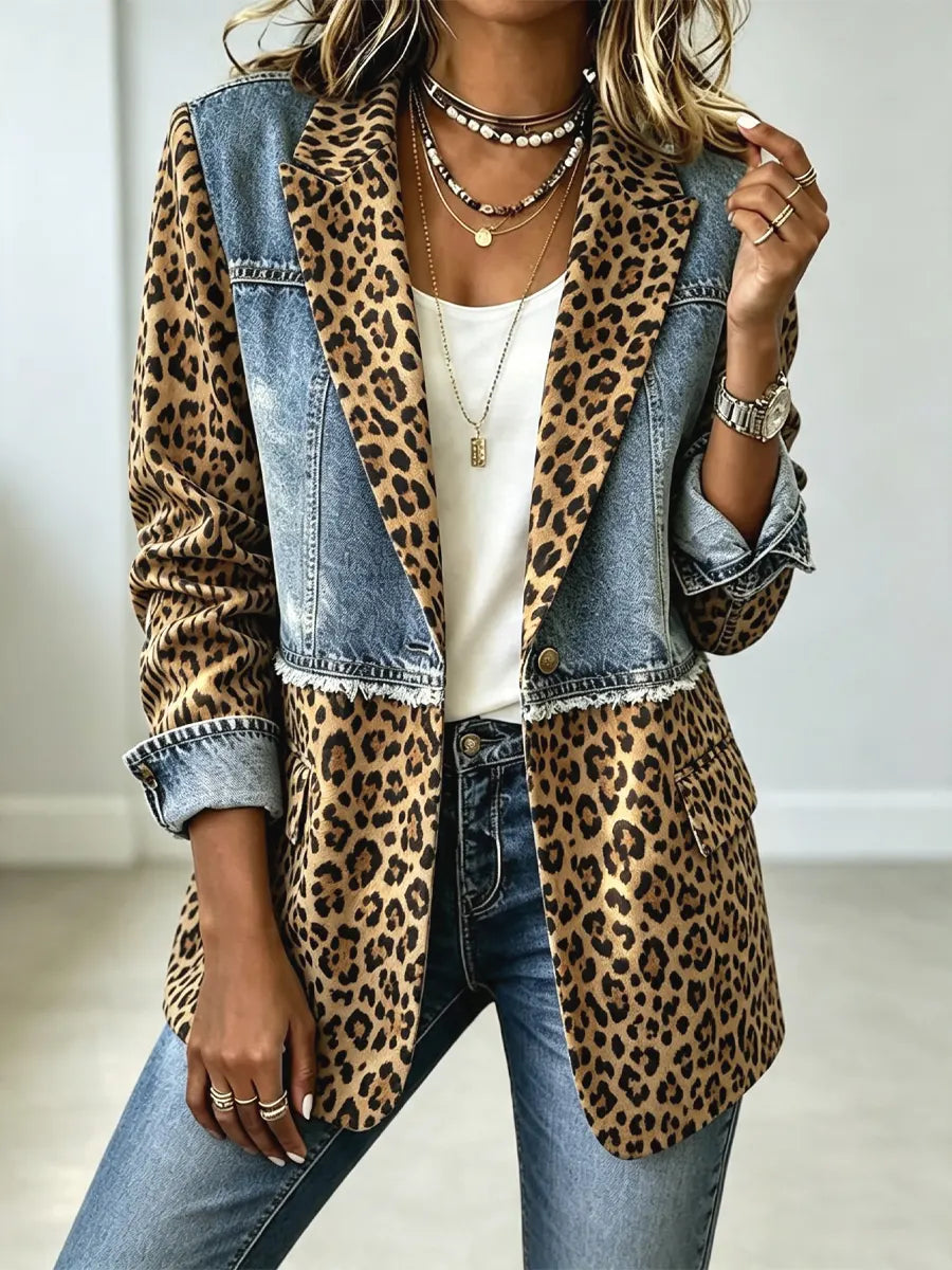 Retro Leopard Long Sleeve Lapel Casual Stylish Denim Patchwork Suit Coat