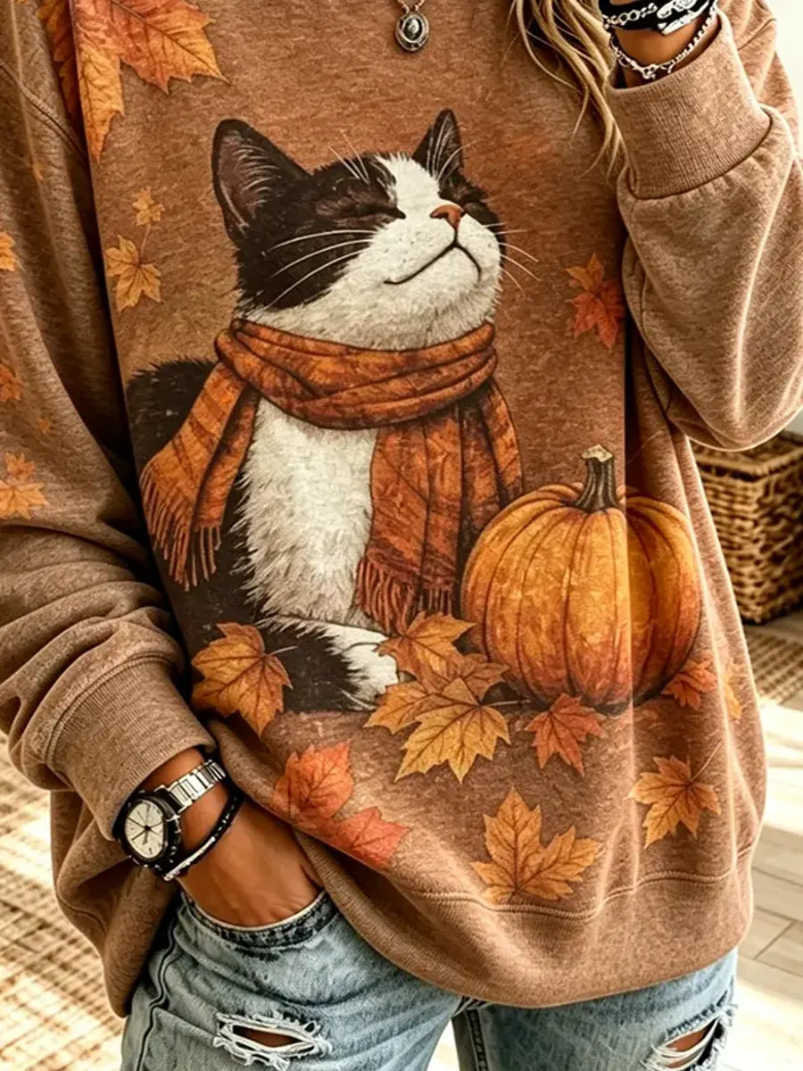 Funny Cat Pumpkin Pattern Art Print Casual Long Sleeve Sweatshirt