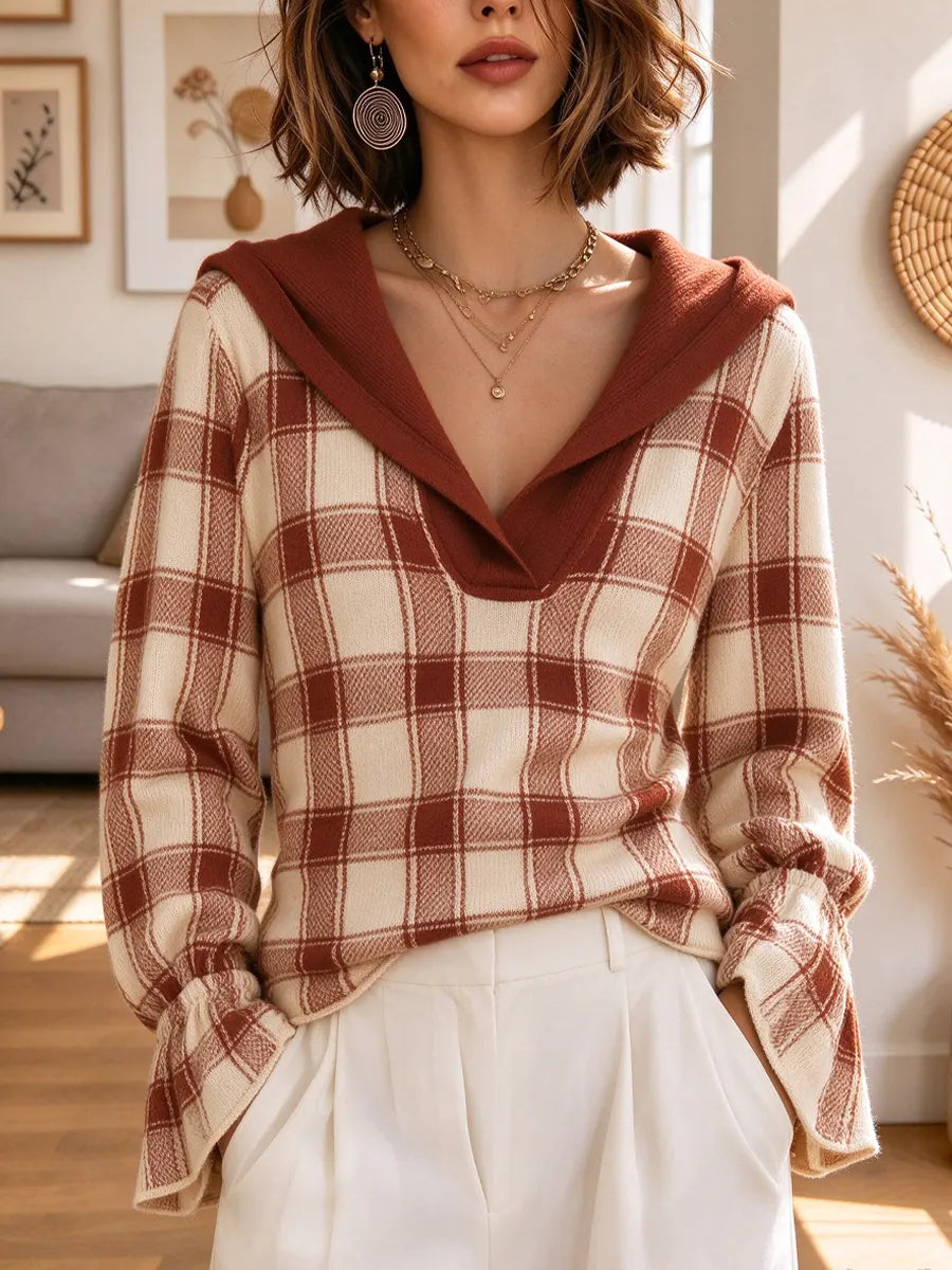 Retro Cozy Plaid Pattern Hooded Art Casual Stylish Long Sleeve Top