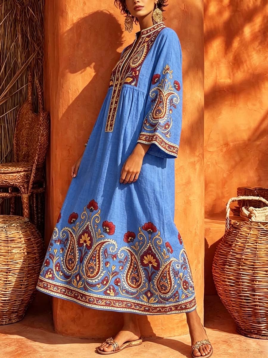 Retro Ethnic Floral Pattern Art Print Casual Stand Collar Cotton Linen Maxi Dress