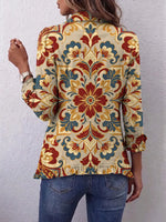 Retro Floral Pattern Art Print Ruffle Casual Stylish Cotton Lapel Coat