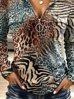 Vintage Leopard Pattern Zip Art Casual Stylish Hooded Long Sleeve Top