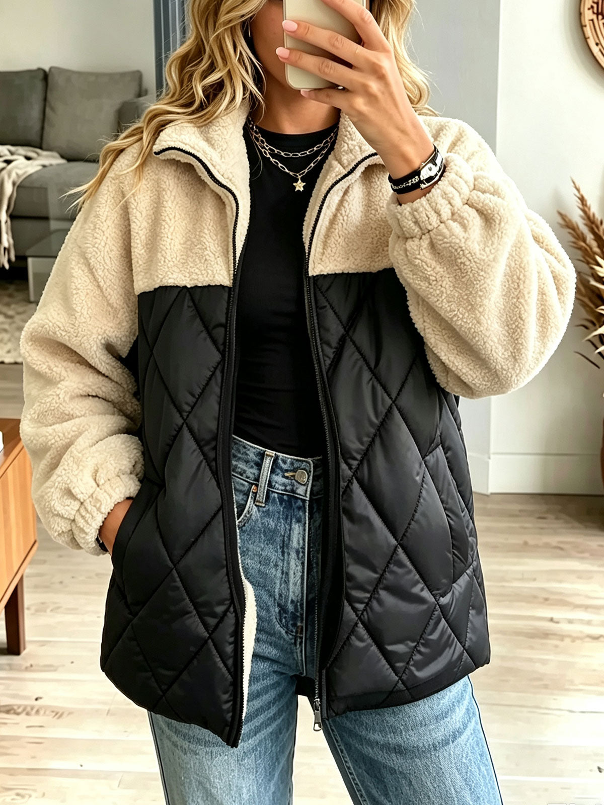 Women's Color Block Sherpa Quilted Jacket, Zip Up Stand Collar Fleece Spliced Outerwear
