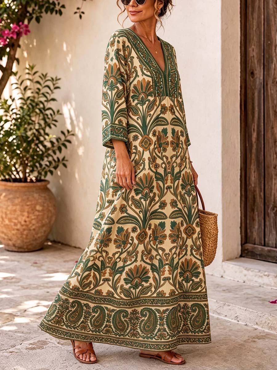 Retro Floral Pattern Art Print Casual V-neck Cotton Linen Maxi Dress