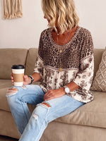 Women's Hollow Lace Spliced Leopard Floral Two-Tone 3/4 Sleeve Blouse