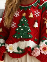 Vintage Floral Christmas Tree Knitted Art Casual Stylish Long Sleeve Sweater