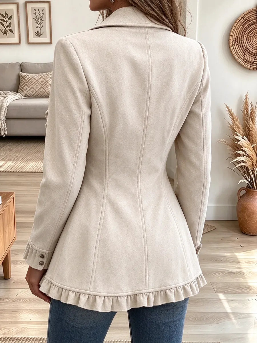 Women's Ruffled Lapel Open Front Jacket Long Sleeve Fitted Suede Look Casual Blazer Coat