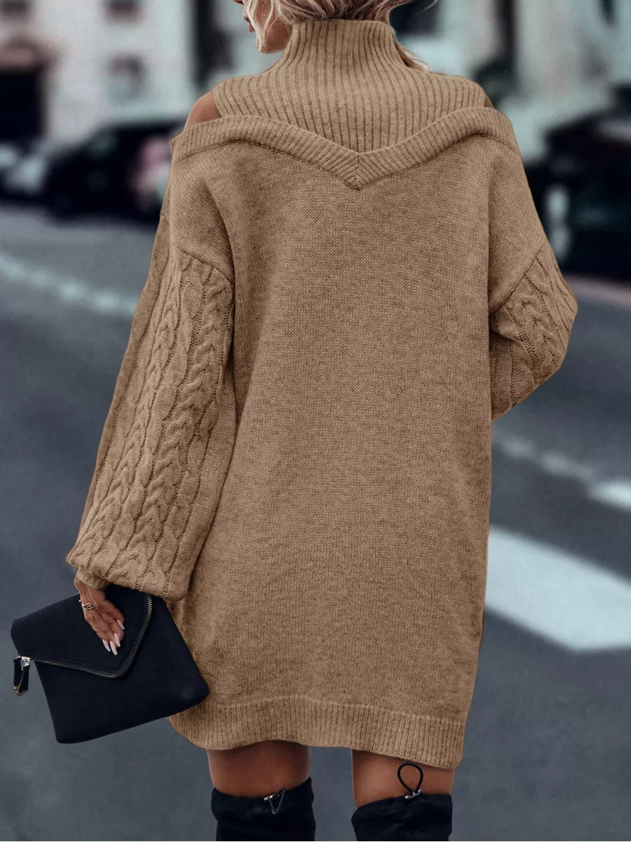 Mock Neck Cold Shoulder Cable Knit Sweater Dress Long Sleeve Mini Dress