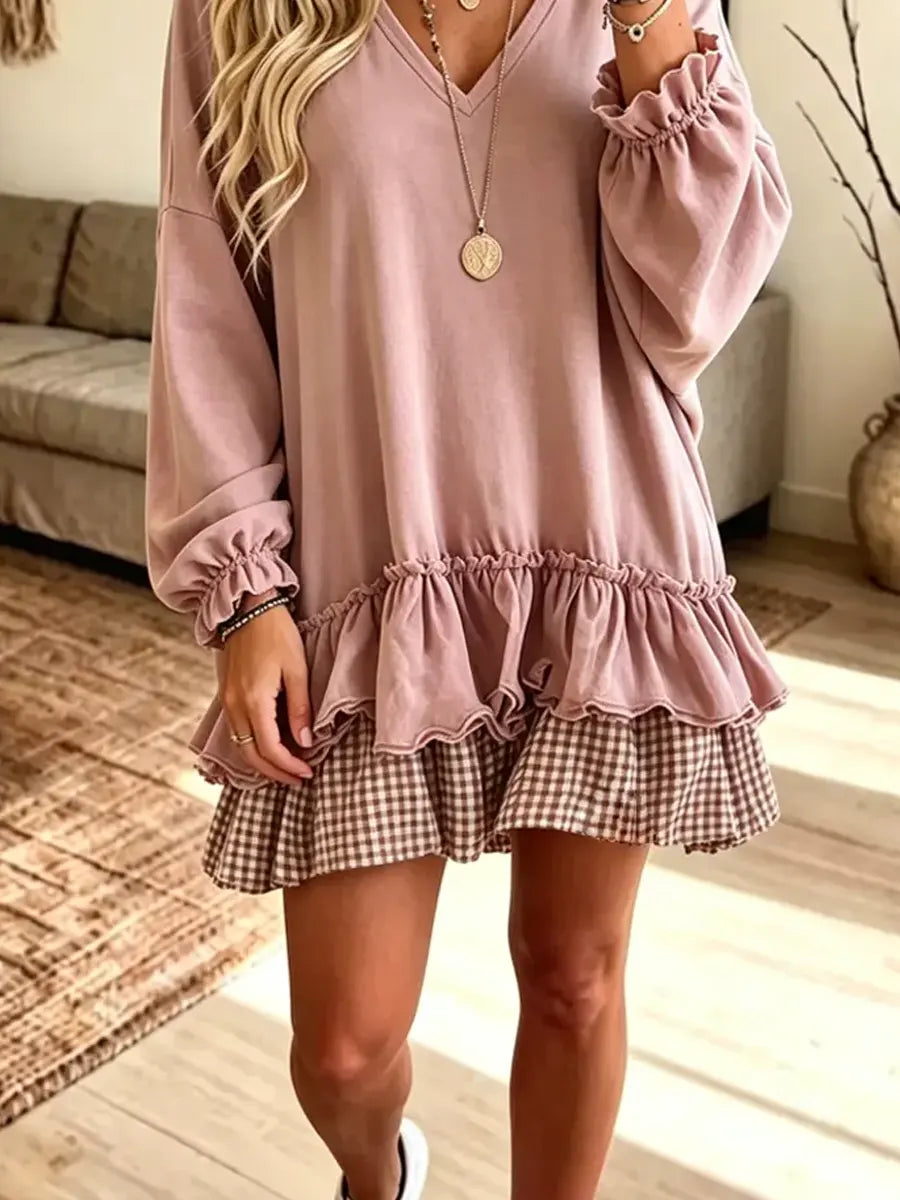 Retro Ruffle Plaid Patchwork Art Casual Stylish Long Sleeve Short Dress