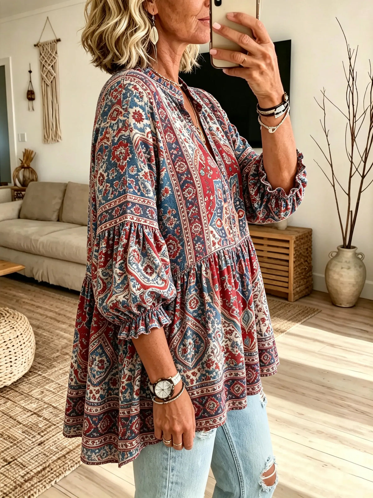 Women's Vintage Ethnic Geometric Floral Print Stand Collar Bubble Sleeve Blouse
