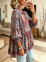Women's Vintage Ethnic Geometric Floral Print Stand Collar Bubble Sleeve Blouse