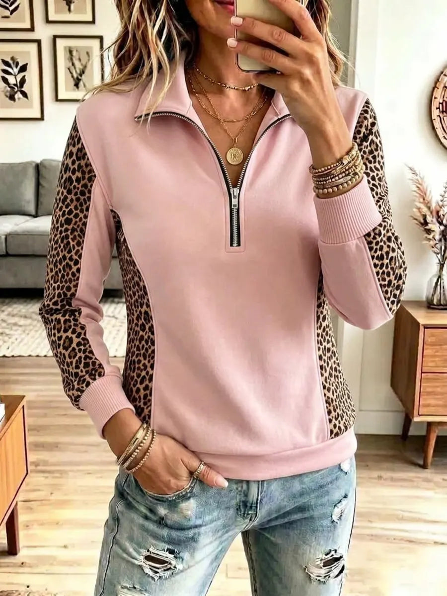 Vintage Zip Art Leopard Patchwork Casual Stylish Long Sleeve Sweatshirt