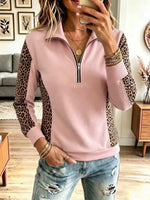Vintage Zip Art Leopard Patchwork Casual Stylish Long Sleeve Sweatshirt
