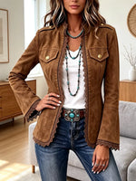 Retro Western Lace Patchwork Art Casual Stylish Long Sleeve Suede Coat