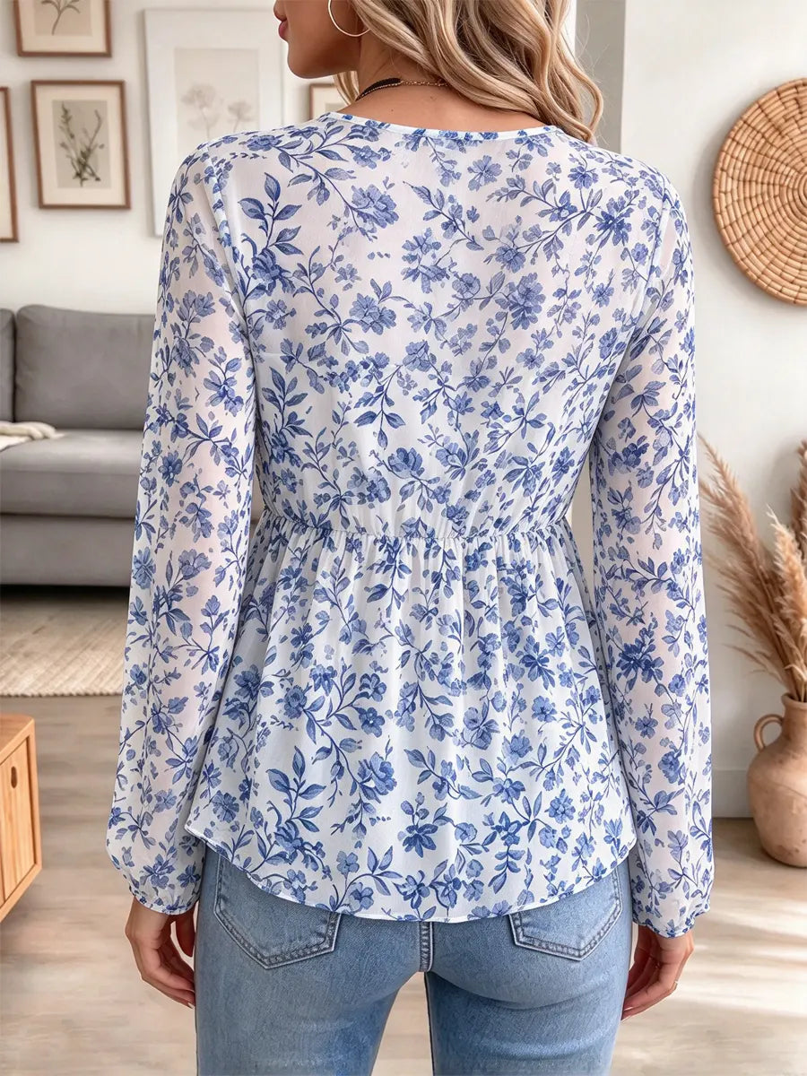 Retro Floral Pattern Art Print Casual Stylish Long Sleeve Mesh V Collar Shirt