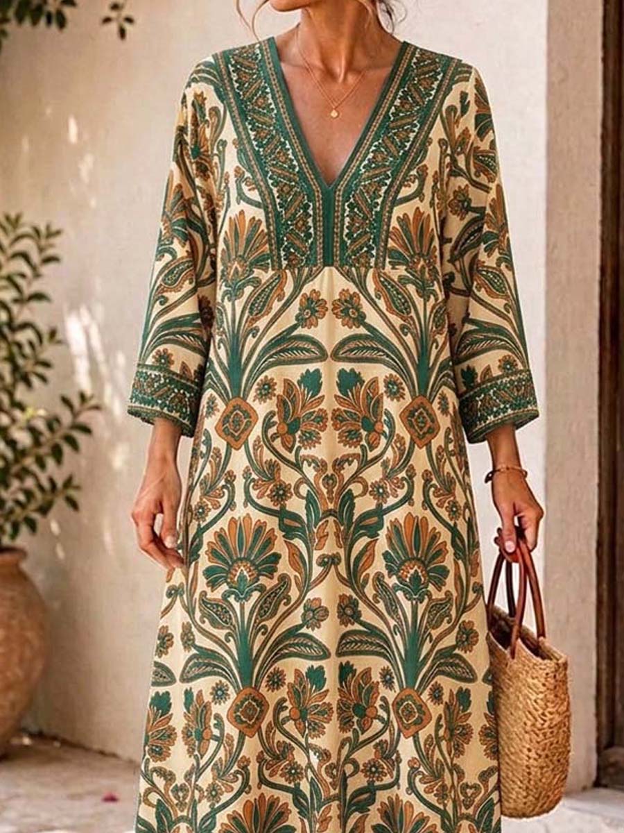 Retro Floral Pattern Art Print Casual V-neck Cotton Linen Maxi Dress
