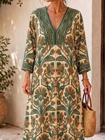 Retro Floral Pattern Art Print Casual V-neck Cotton Linen Maxi Dress