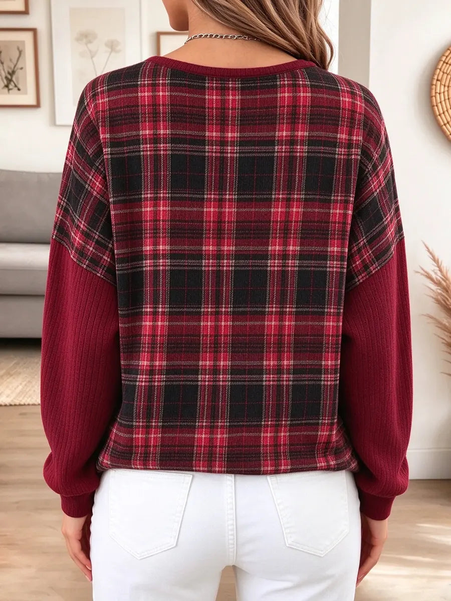 Retro Plaid Pattern Art Patchwork Casual Stylish Long Sleeve Top
