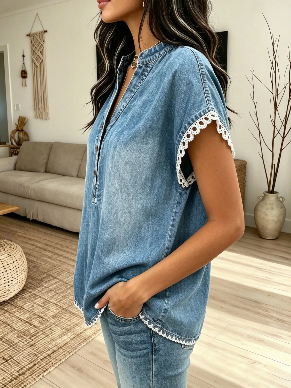 Women's Solid Wash Denim Lace Trim Short Sleeve Top