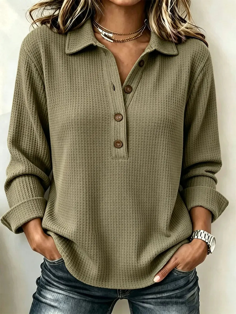 Classic Solid Color Lapel Art Casual Long Sleeve Waffle Shirt