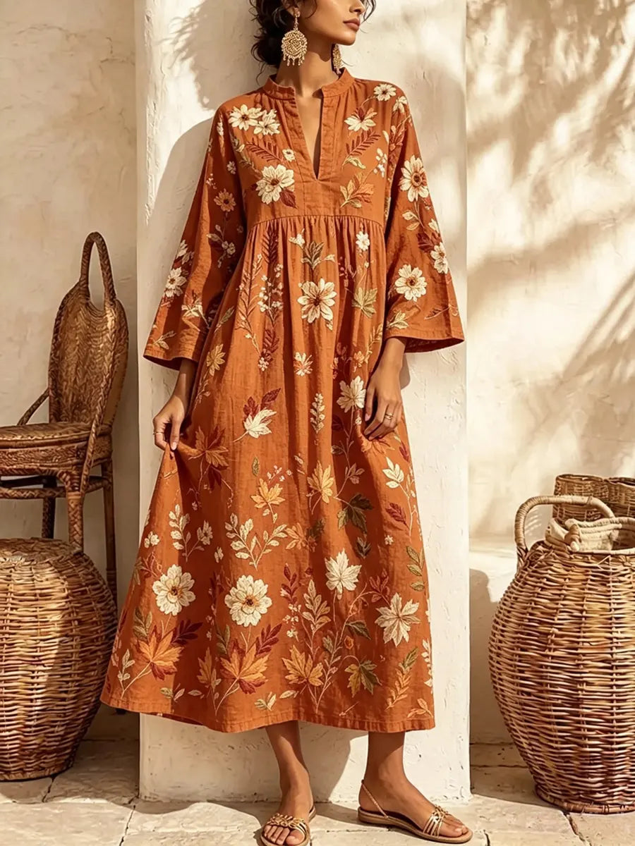 Retro Floral Pattern Art Print Casual V-neck Cotton Linen Maxi Dress