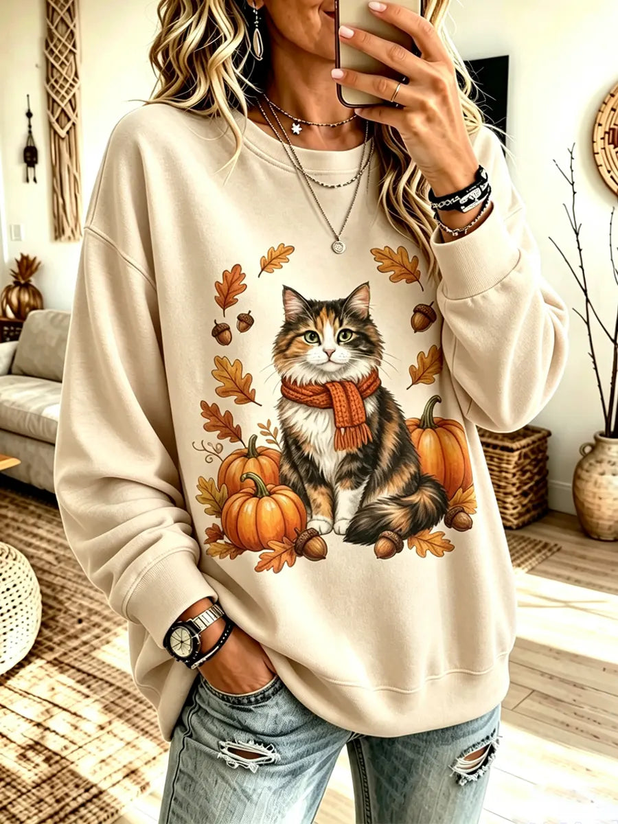 Funny Cat Pumpkin Pattern Art Print Casual Long Sleeve Sweatshirt