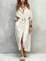 Retro Lapel Art Button Casual Long Sleeve Stylish Long Dress