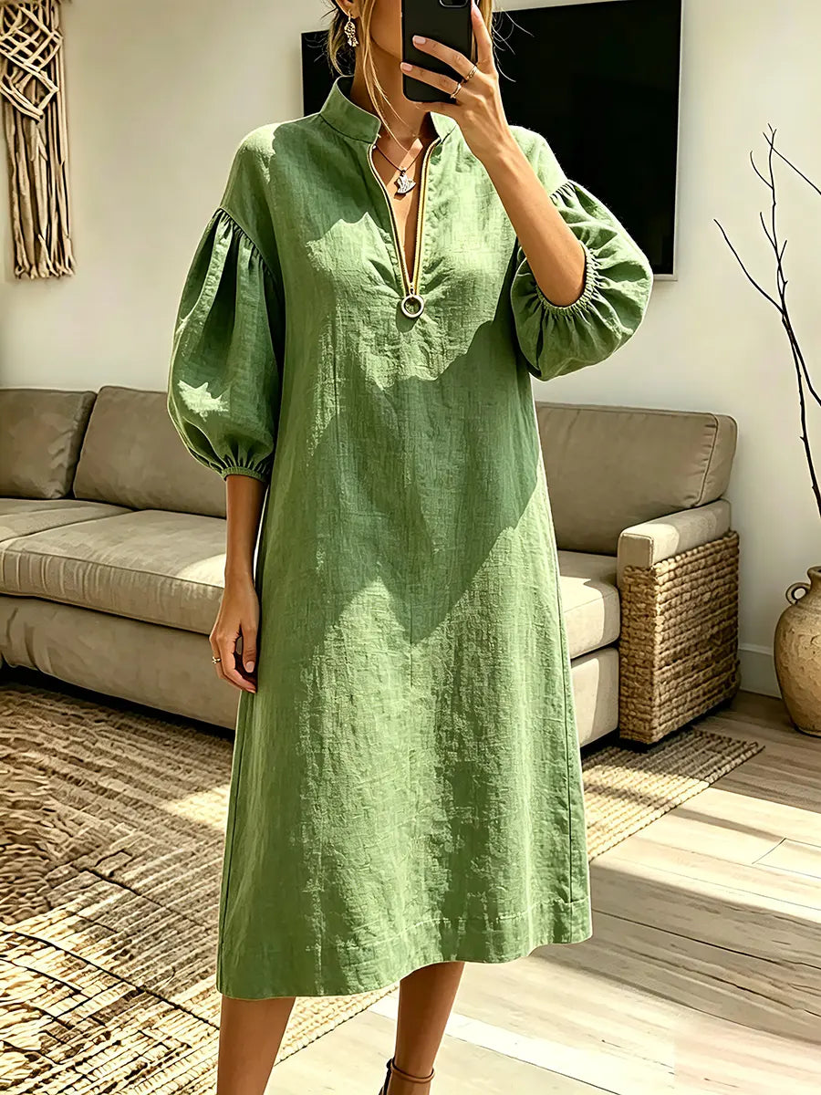 Vintage Elegant Cotton Linen Stand-up Collar Puff Sleeve Half Zipper Dress