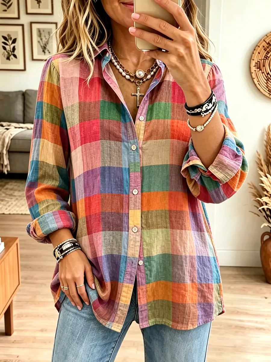 Retro Plaid Pattern Art Print Casual Stylish Long Sleeve Cotton Linen Shirt